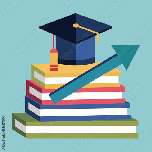 stacked books with graduation cap and upward growth arrow