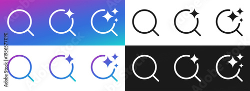 Generative AI Search Icons with Magic Sparkles, Smart Magnifying Glass Buttons for Artificial Intelligence UI UX Design