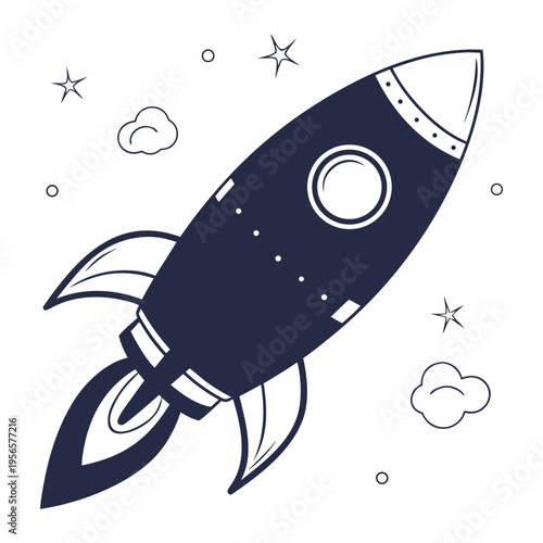 Stylized Dark Blue Rocket Ascending in Space, Doodle Art