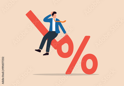Inflation or interest rate falling down, decrease or reduction, profit fall in economic recession, stock market value loss, FED reduce interest rate, businessman on percentage sign with falling down