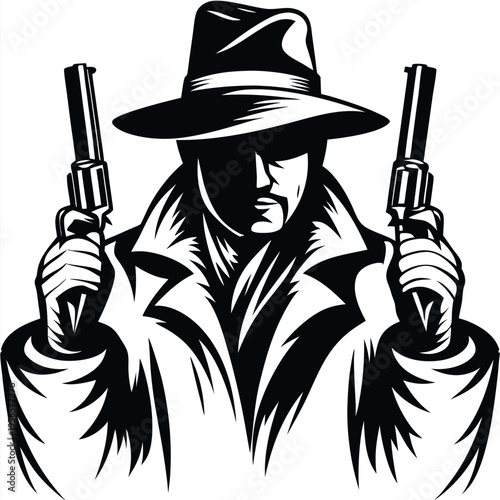 Monochrome mobster wearing fedora holding guns evokes classic noir style and mystery