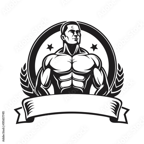 Monochrome muscular man stands triumphantly inside laurel wreath, stars, and banner
