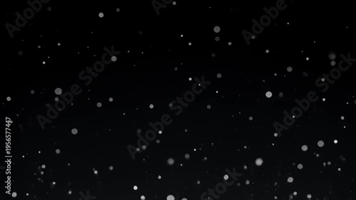 Cinematic white dust particles on black background, floating organic bokeh speckles, ethereal snow and glitter overlay for video editing 4k