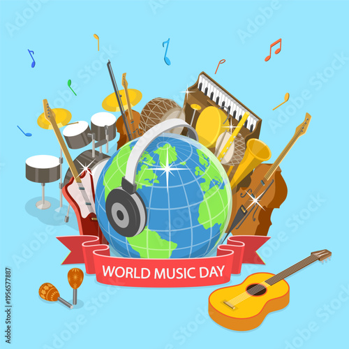 3D Isometric Flat Vector Illustration of World Music Day, 21 June, Featuring Musical Instruments And Notes
