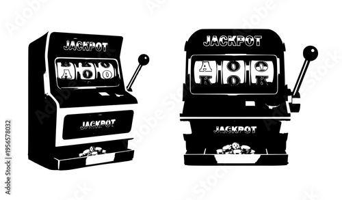 Realistic 3D casino jackpot slot machine vector isolated on white with red black and gold elements