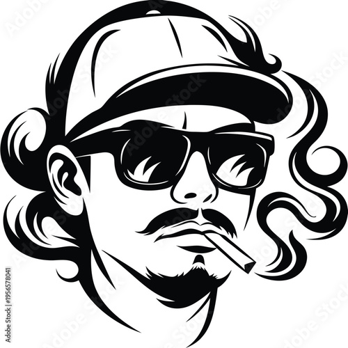 Monochrome portrait showcases a man in sunglasses smoking, stylized with curly hair and cap