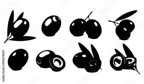 Realistic black olives vector set with olive branch and leaves isolated on white for food and cosmetic design