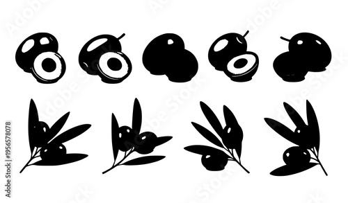 Realistic black olives vector set with olive branch isolated on white for food cosmetic oil illustration