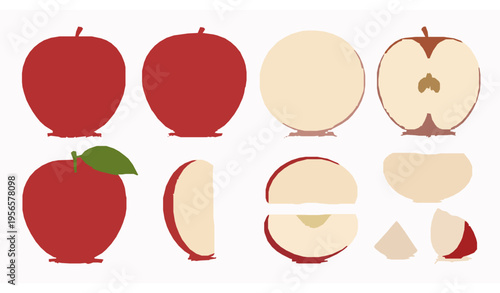 3D realistic red apple fruits vector illustration set whole slice piece isolated on white background