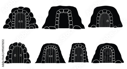 A collection of whimsical stone hobbit holes with arched doorways presented in a striking black silhouette high quality professional detailed modern