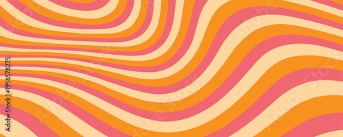 1970 Wavy Swirl Seamless Pattern in Orange and Pink Colors. Hand-Drawn Vector Illustration. Seventies Style, Groovy Background, Wallpaper, Print. Flat Design, Hippie Aesthetic.