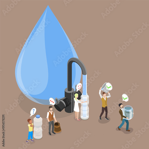 3D Isometric Flat Vector Illustration of Stop Wasting Water, Drought and Climate Change