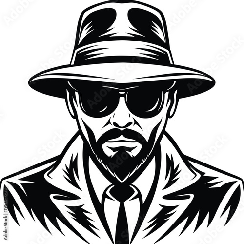 Monochrome serious man with beard wears a hat, sunglasses, and formal jacket