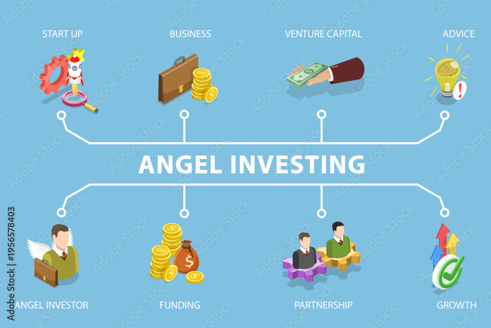 Fototapeta premium 3D Isometric Flat Vector Illustration of Angel Investing, Startup Financial Support