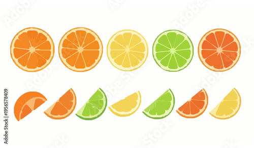 Realistic citrus fruit slices vector set with orange lemon lime isolated on white for food illustration
