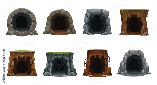 A colorful collection of cartoon cave entrances with various stone textures and dark openings silhouette high quality professional detailed modern elegant