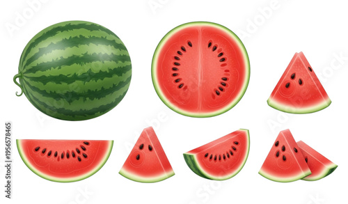 Realistic 3D watermelon vector set with whole, slices, and pieces isolated on white background