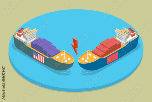 3D Isometric Flat Vector Illustration of USA-China Trade War, Confrontation, Tariffs Against World Countries