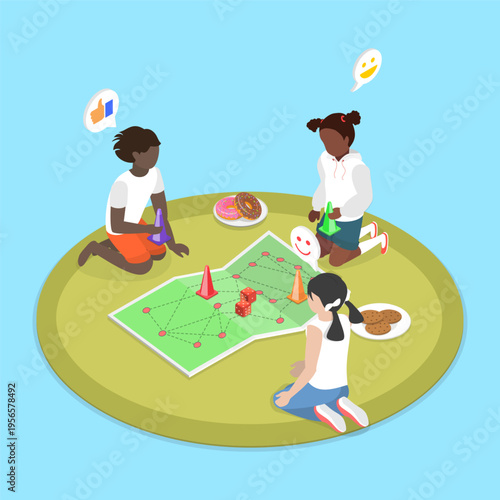 3D Isometric Flat Vector Illustration of Board Games, Happy Children Playing On Floor