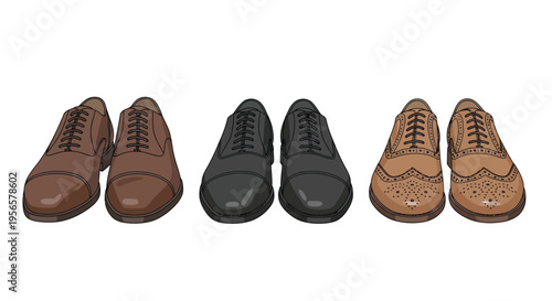 Four pairs of illustrated men s dress shoes in varying styles and colors