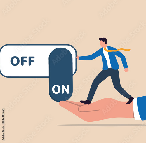  Turn on switch, paradigm shift or change to be better status, start or begin business, setting or preference concept, smart businessman push setting button switch to on position.