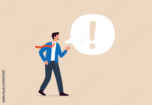 Story telling, speak out loud to draw attention and interest, fact important information or secret, businessman speaking with speech bubble as exclamation point.