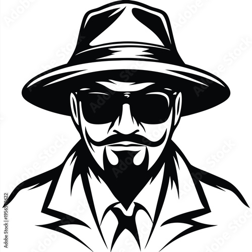 Monochrome shows serious man with hat, sunglasses, mustache, and goatee