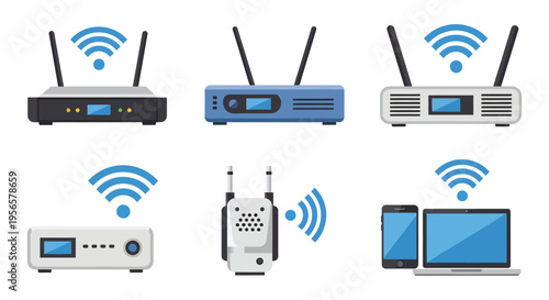 A collection of modern wireless routers repeaters and devices displaying connectivity depicted as a silhouette high quality professional detailed elegant stylish