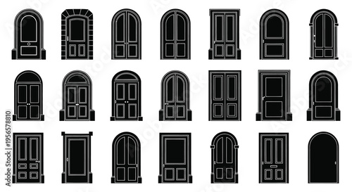 A collection of diverse black door outlines arranged in a grid pattern showcasing architectural styles silhouette high quality professional detailed