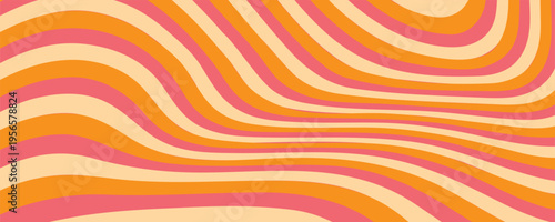 1970 Wavy Swirl Seamless Pattern in Orange and Pink Colors. Hand-Drawn Vector Illustration. Seventies Style, Groovy Background, Wallpaper, Print. Flat Design, Hippie Aesthetic.
