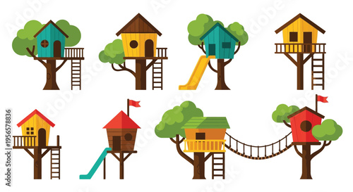 Colorful collection of whimsical treehouses built amongst lush green trees