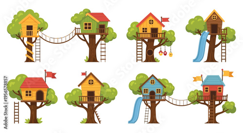 Colorful treehouses connected by bridges and slides whimsical illustration