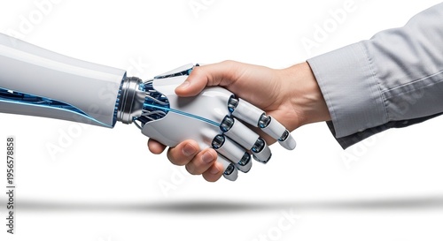 Human Handshake with Robot Hand Isolated on White: Concept for Artificial Intelligence, Future Technology, Collaboration, and Digital Transformation