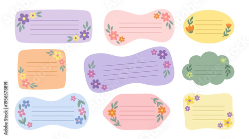 Colorful floral paper note collection | Cute hand drawn frames and tags for journaling | Pastel decorative vector elements
