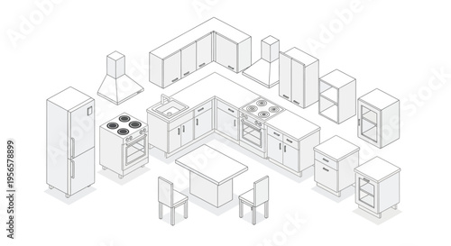 Isometric illustration of a modern kitchen and its individual components