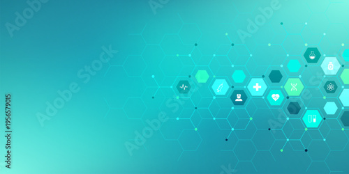 Medical background and healthcare technology with flat icons and symbols. Concept and idea for health care business, innovation medicine, health safety, science, medical research, and development.