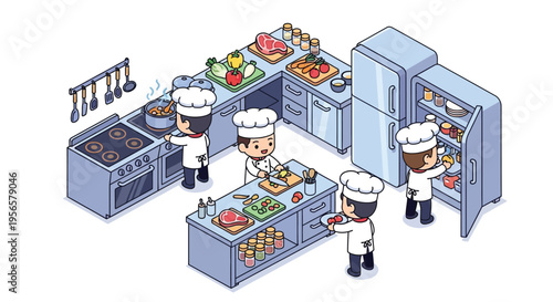 Isometric illustration of a busy commercial kitchen with multiple chefs