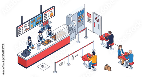 Isometric illustration of a busy fast food restaurant with customers