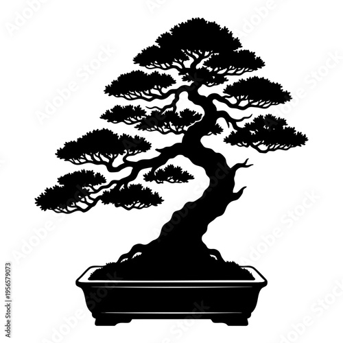 A detailed black silhouette of a traditional japanese bonsai tree planted in a ceramic container isolated on transparent background, Vector