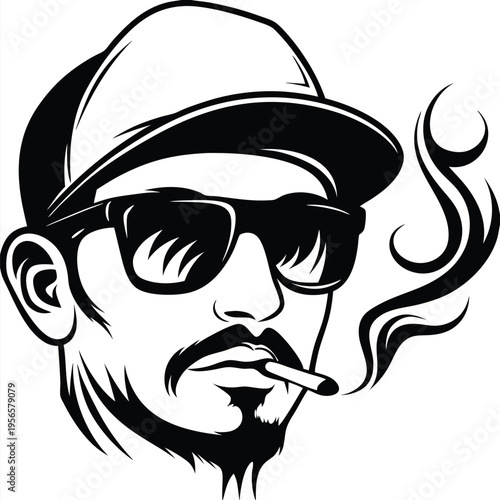 Monochrome sketch reveals stylish man with cap, glasses, cigarette, and smoke detail