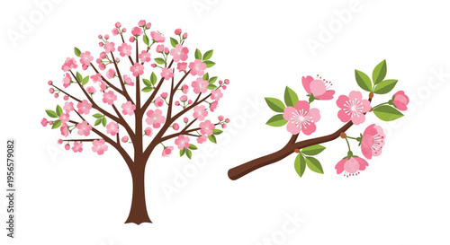Delicate pink blossoms adorn stylized branches presenting a charming spring scene in a flat silhouette high quality professional detailed modern elegant