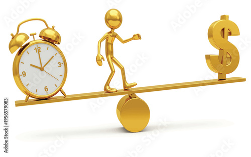 Golden seesaw with clock and dollar sign and human figure on white background  balance concept