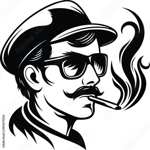 Monochrome sketch shows a man with mustache wearing glasses and smoking a cigarette