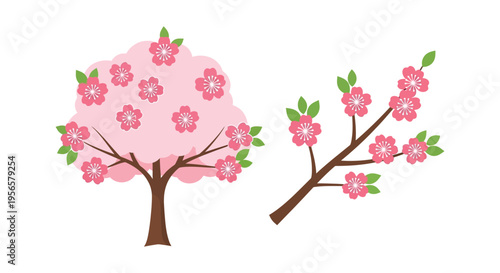 A charming illustration depicts two blossoming cherry trees with pink flowers and green leaves a delightful silhouette high quality professional detailed
