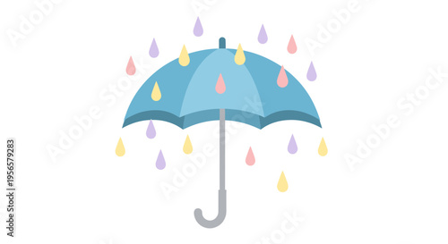 Cute blue umbrella with colorful pastel raindrops vector illustration for weather and spring designs
