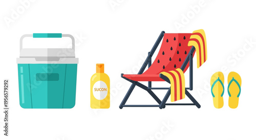 Summer beach vacation essentials vector illustration set with cooler, sunscreen, deck chair, and flip-flops