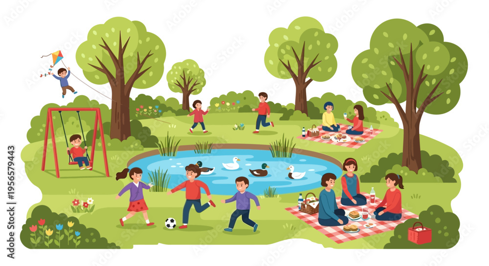 Naklejka premium Happy children and families enjoying outdoor activities in a park with a pond and trees