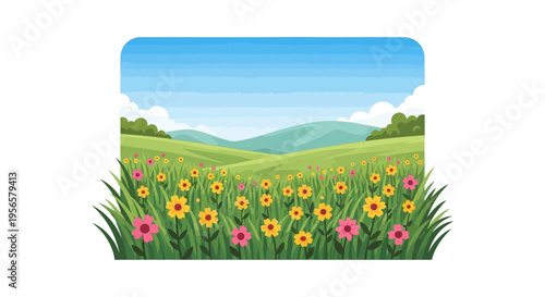 Vibrant cartoon spring meadow vector with colorful flowers, green hills, and blue sky for nature backgrounds