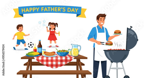 Happy Father's Day family barbecue picnic illustration with dad grilling burgers and kids playing