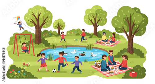 Happy children and families enjoying outdoor activities in a park with a pond and trees